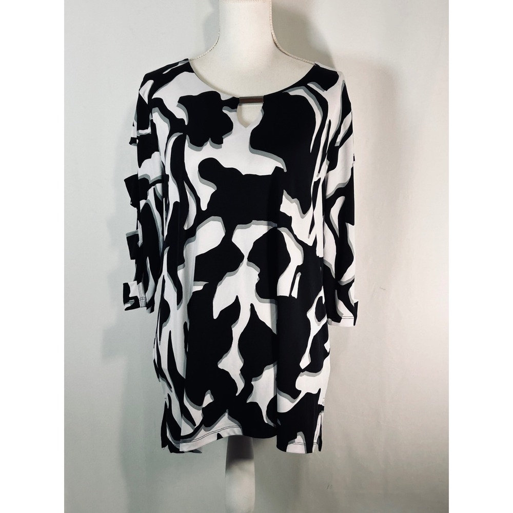 JM Collection Womens Black White Abstract Keyhole Tunic Top‎ Large 3/4 Sleeve